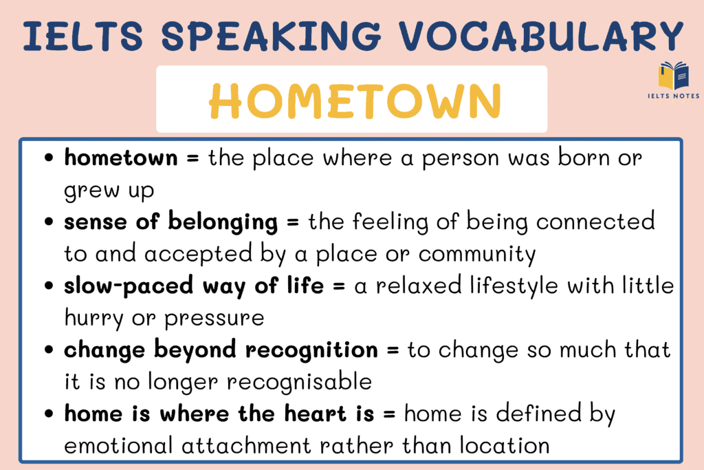 IELTS Speaking hometown vocabulary (Band 8+) with words, phrases and collocations to describe your hometown naturally.