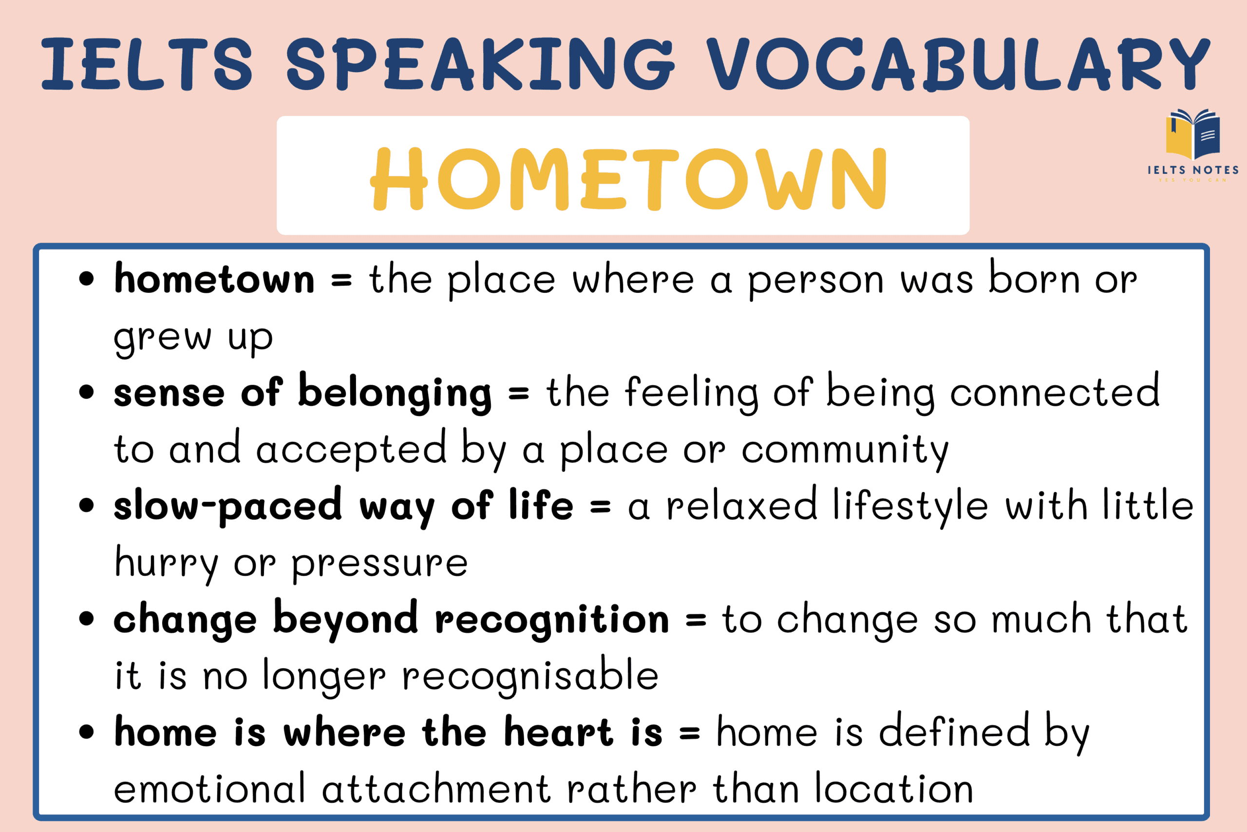 IELTS Speaking hometown vocabulary (Band 8+) with words, phrases and collocations to describe your hometown naturally.